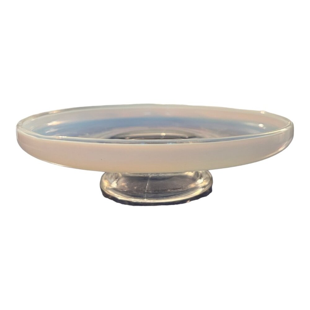 Vtg Opalescent Glass Pedestal Dish 6" Dia, Clear To Blue Etched Floral Design
